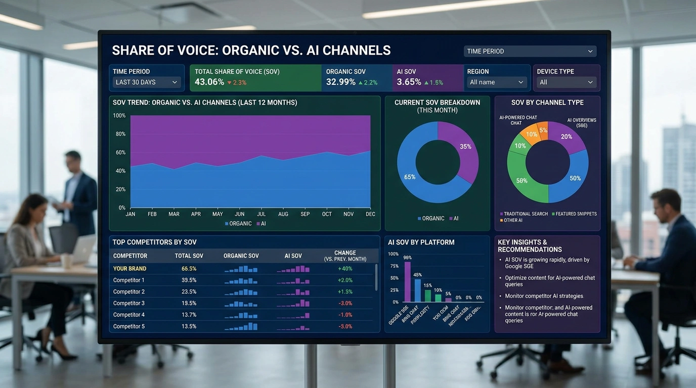 Dashboard showing share of voice metrics across organic and AI channels