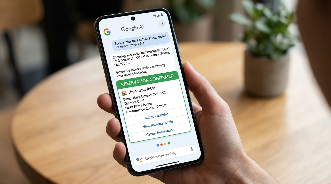 Google AI Mode interface showing restaurant booking with reservation confirmation