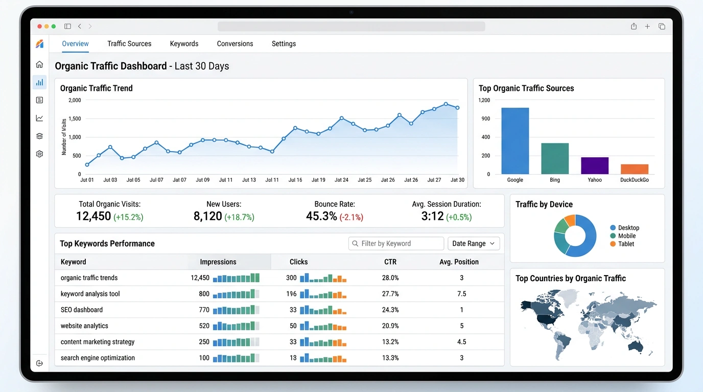 Analytics dashboard showing organic traffic trends and keyword performance