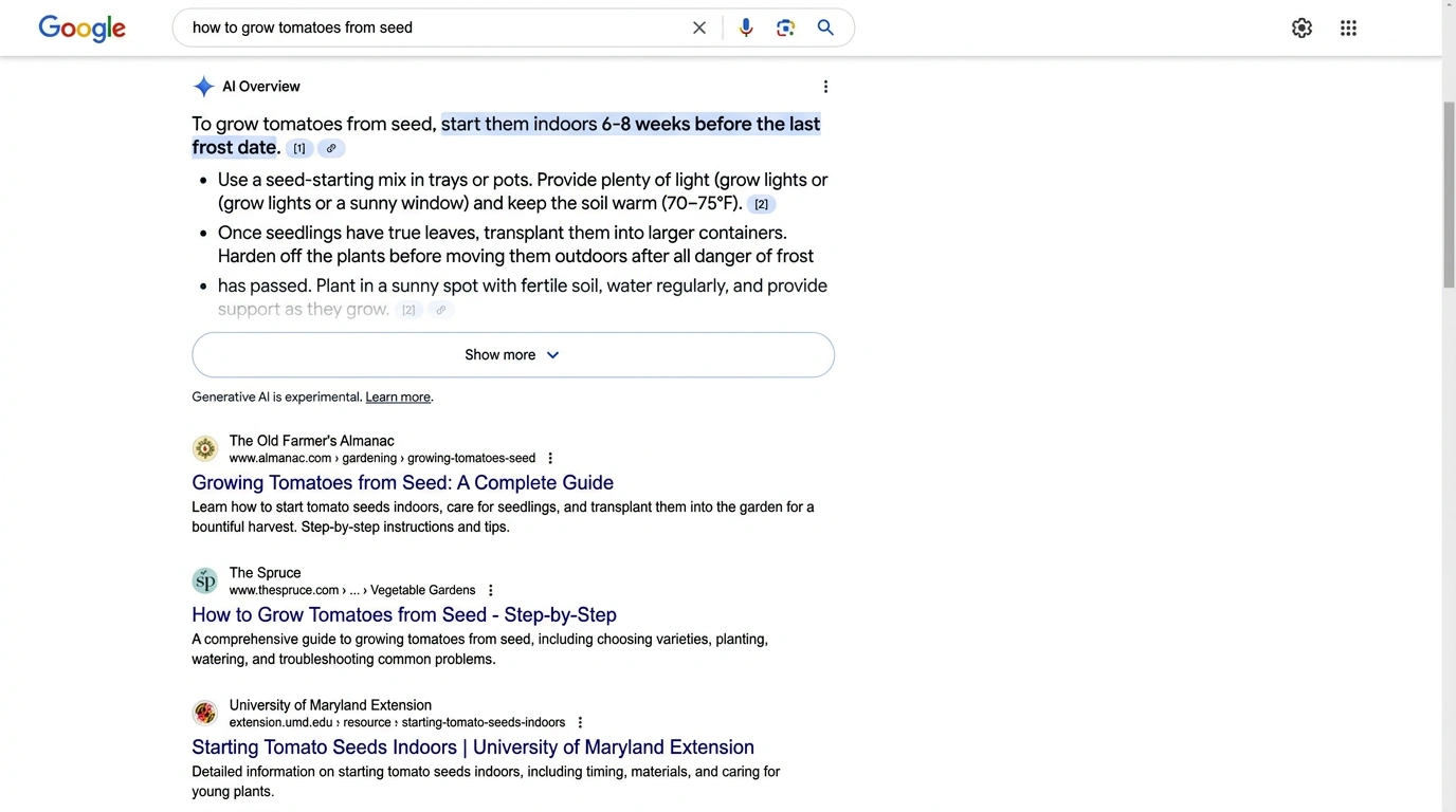 Google search results showing AI Overview at top of page above traditional organic results