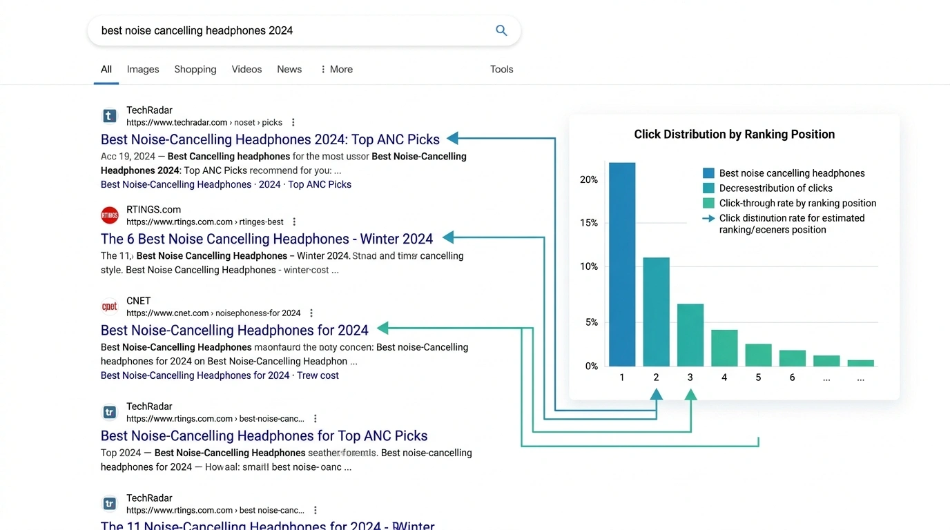Search engine results page showing top rankings and click distribution