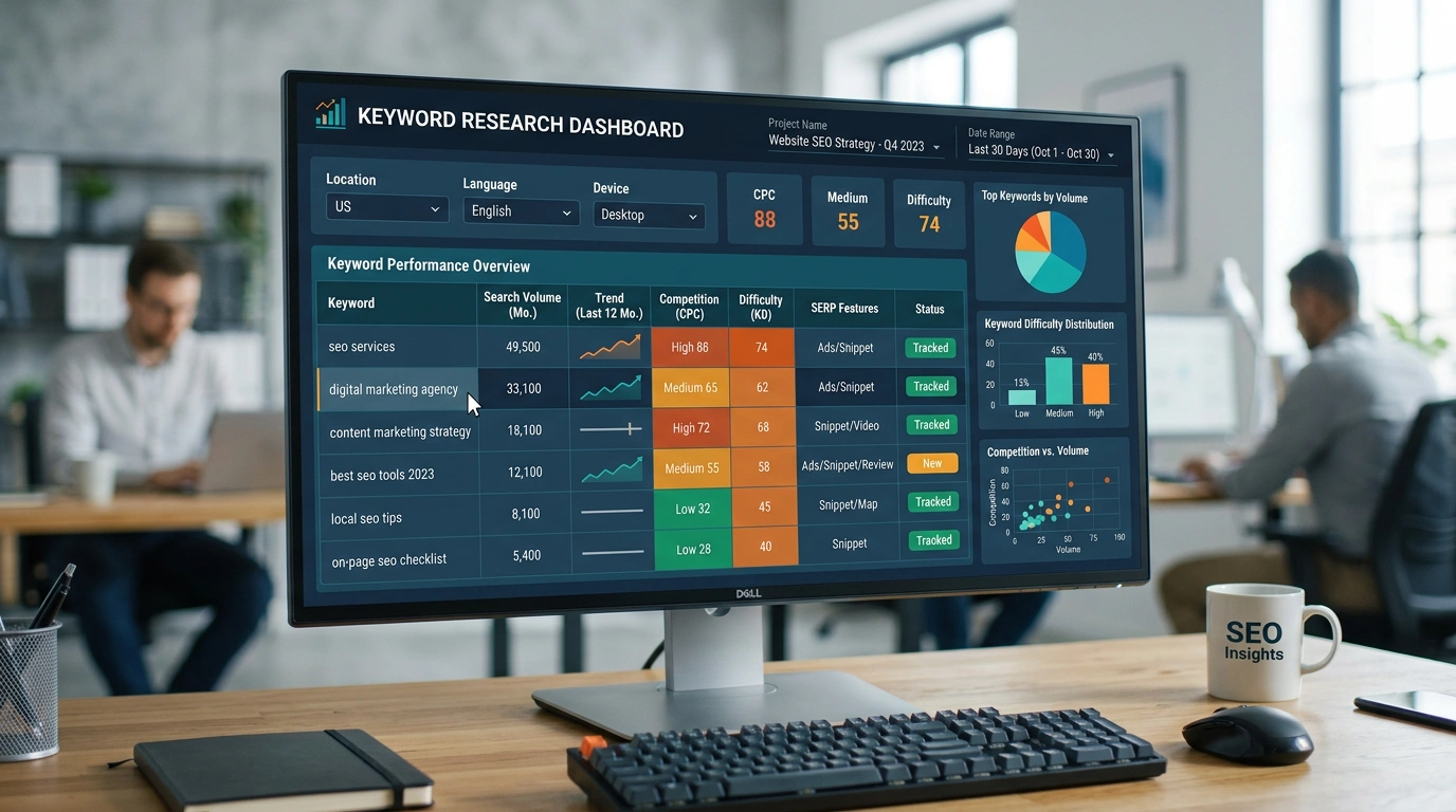 Keyword research dashboard showing search volume and competition metrics