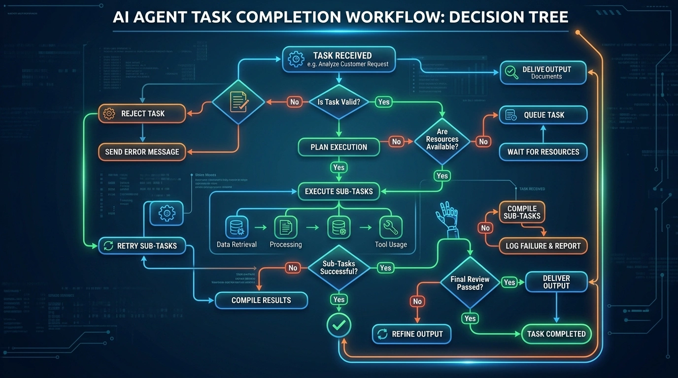 AI agent decision tree showing task completion workflow